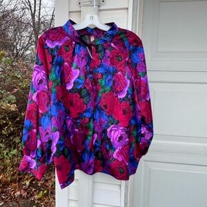 NWT Talbots Gorgeous Red Purple Blue Green Floral High Neck Key Hole Blouse